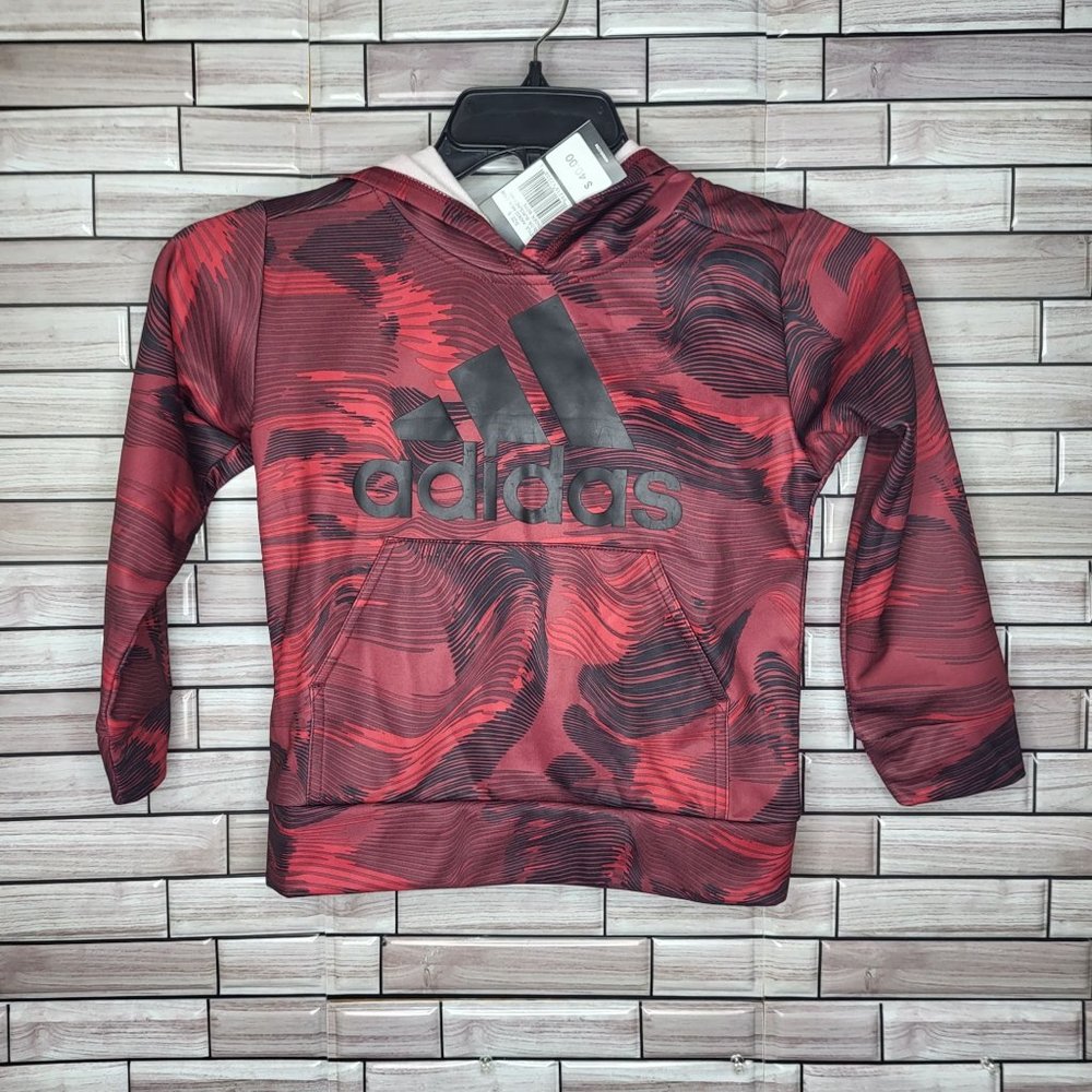 New Adidas Boys Hoodie Size 5 Burgundy Black Long Sleeve Pullover Sweater Jacket